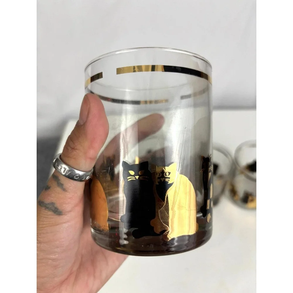 Georges Briard Mid Century Cat Glasses Set of 4 Gold Accent‎ Tumblers